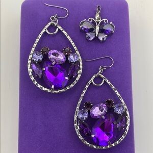 💛 Elegant Silver Purple Crystal Teardrop Earrings and Butterfly Pendant Set